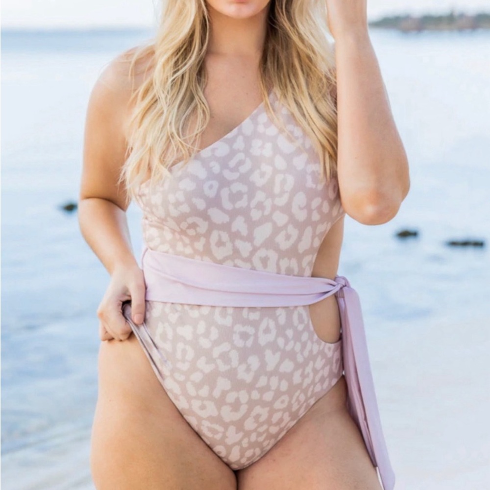 New leopard one shoulder side tie one piece swimsuit